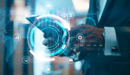 Businessperson with digital graphical interface overlay representing exchange rates and financial data on a blurred city backdrop, concept of fintech. Generative AI