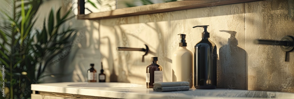 Poster a close-up of stylish bottles of shampoo and conditioner in a bathroom or salon setting, showcasing 