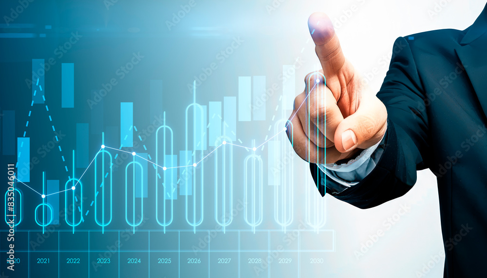 Poster a businessman interacting with futuristic digital graphs, creative visual on a blue technological ba