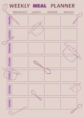 Weekly meal planner. Printable template. Meal planner vector