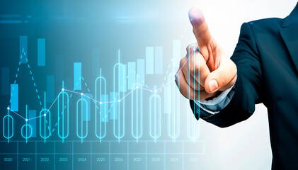 A businessman interacting with futuristic digital graphs, creative visual on a blue technological background, concept of analytics. Generative AI