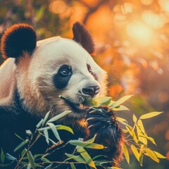 Serene panda enjoying bamboo meal at sunset