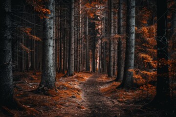 Enchanting autumn forest trail with vibrant foliage