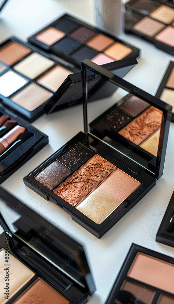 Poster a close-up of various makeup palettes with different shades of contour and highlight, arranged on a 