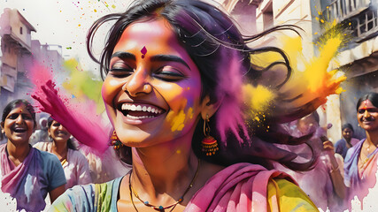 Fototapeta premium Portrait of happy Indian woman celebrating Holi with powder colors gulal. Concept of Indian festival Holi. Generative AI