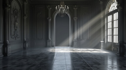 Elegant Sunlit Grand Hallway with Chandeliers and Marble Floors. Generative AI