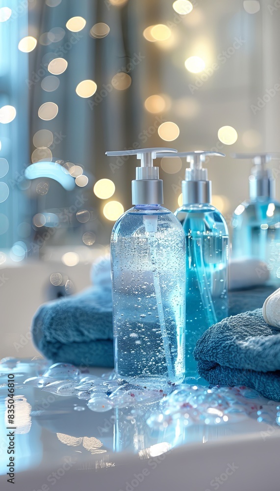 Poster Three elegant shampoo and conditioner bottles in a bathroom setting, with a soft focus background of lights. Generative AI