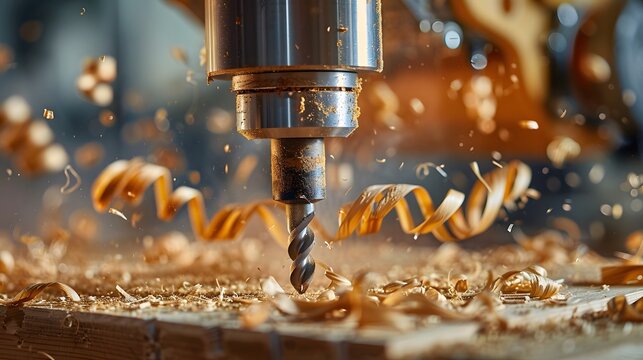 A closeup shot of a CNC wood router in action, with its drill bit creating intricate patterns on the surface of the wooden material, inside a workshop environment.