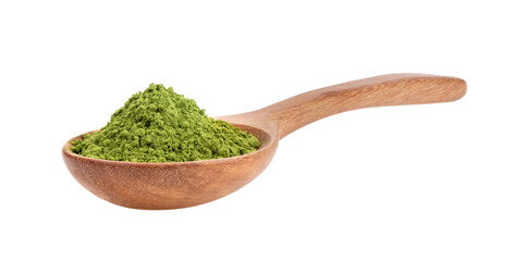 matcha green tea powder in wood spoon on transparent png