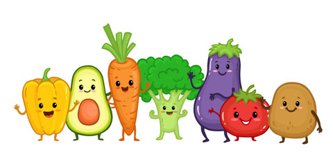 Fototapeta premium set of cartoon vegetable characters. Collection of Cute funny vegetable for kids. Cartoon food. Vector illustration