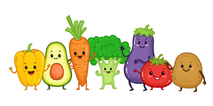  set of cartoon vegetable characters. Collection of Cute funny vegetable  for kids. Cartoon food. Vector illustration