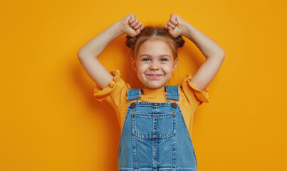 A cute little girl stands with her arms crossed and smiles, drawn on the background is two large...