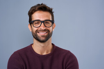Studio, glasses and man with portrait, proud and wellness with eye care, product and lens for...