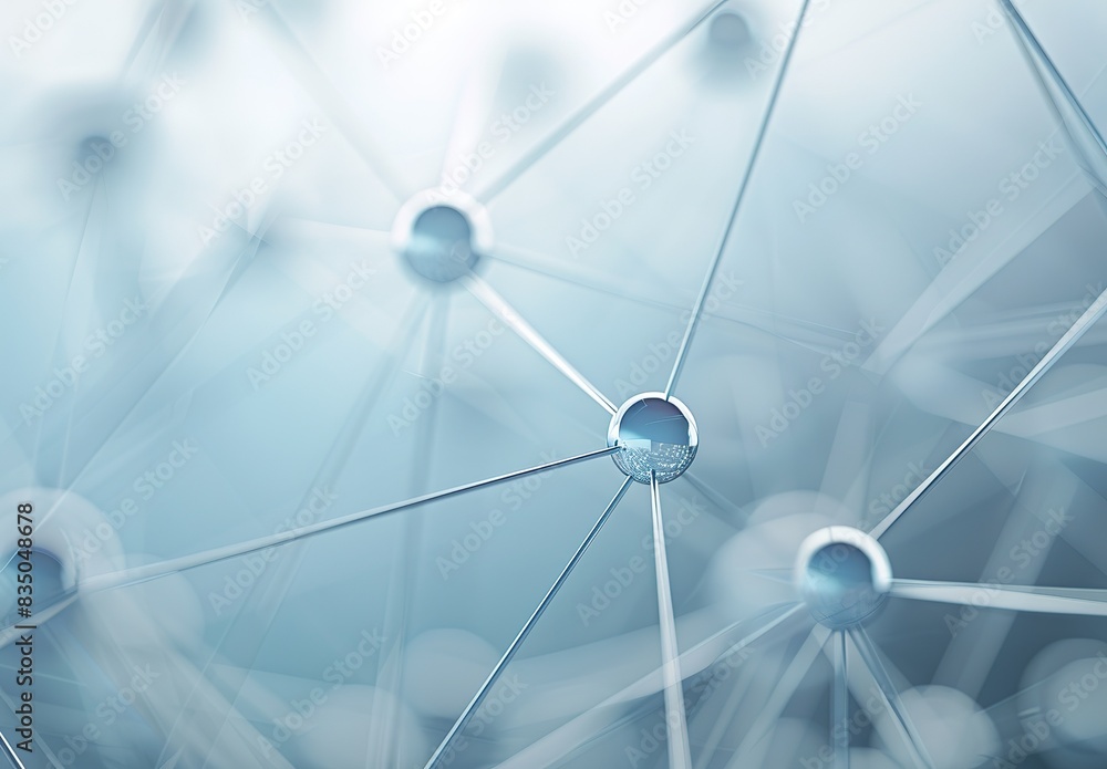 Poster abstract network connections with spherical nodes on blue background: conceptual representation of d