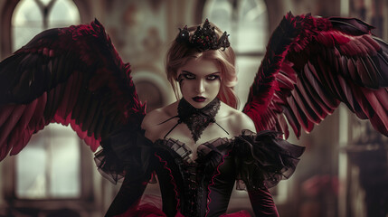 Gothic angel with red and black wings in Victorian attire. Generative AI