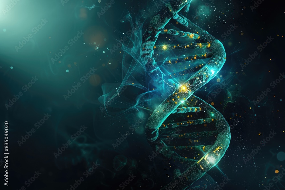 Poster a blue dna strand is shown in this image, abstract representations of encrypted data