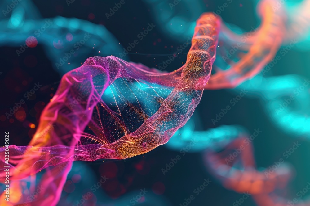 Poster a blue dna strand is shown in this image, abstract representations of encrypted data