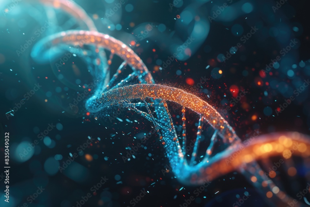 Poster a blue dna strand is shown in this image, abstract representations of encrypted data