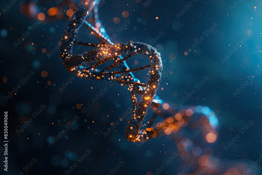 Poster a blue and pink image of a double helix, abstract representations of encrypted data
