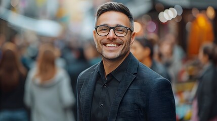 Fototapeta premium A handsome businessman with glasses and short hair is standing in the middle of an outdoor crowd, smiling at the camera.