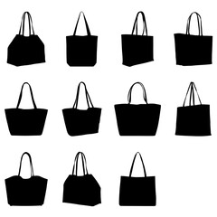 set of Flat Black Tote Bag Vector, Silhouette bag ladies, Hand Drawn Shopping Bag Icon Vector, Collection of Ladies Bag Vector Silhouettes, vector silhouette of a tote bag 