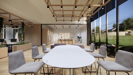 Interior Empty Modern Loft Office open space modern office.Modern open concept Lobby and reception area meeting room design.3d Rendering .