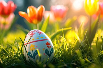 a red and white egg sitting in the grass, A close-up of a decorated Easter egg in the grass, with blurred, bright tulips blooming in the background - Powered by Adobe