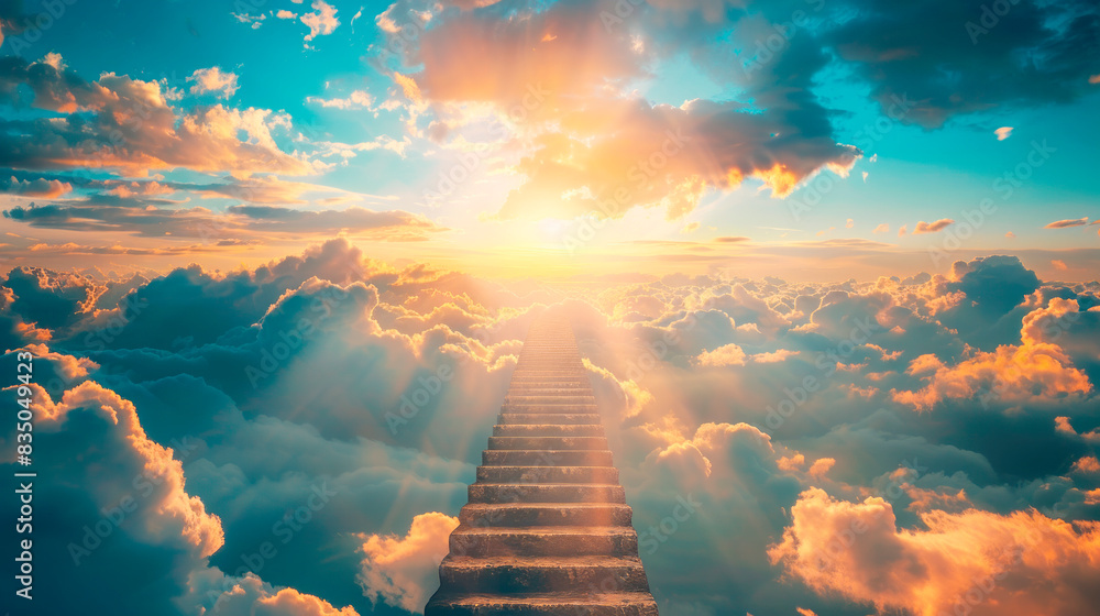 Poster a stairway leading up to a bright sun amidst clouds, symbolizing aspiration or a path to heaven, set
