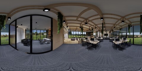 3d illustration spherical 360 vr degrees, a seamless panorama of the room and office. interior design 3D rendering.reception in a modern panoramic office © anon