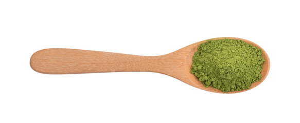 matcha green tea powder in wood spoon on transparent png