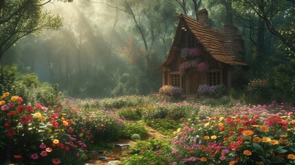 a painting of a house in a field of flowers, A cozy cottage in a forest full of flowers - Powered by Adobe