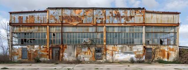 Aged Abandoned Industrial Building with Rusted Metal and Broken Windows