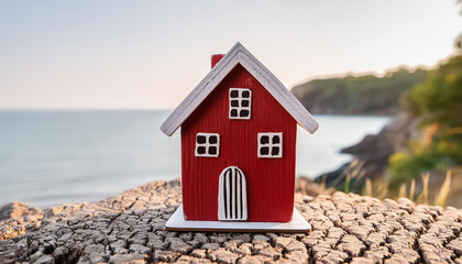 Miniature house model at the beach. Red home with natural background. Real estate and property