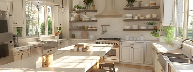 Bright and Airy Farmhouse Inspired Kitchen with Open Shelving and Large Island