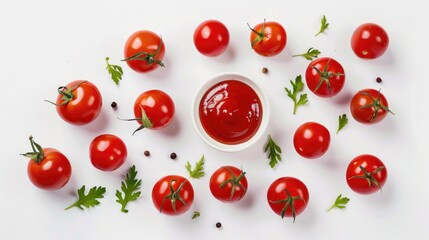 Ketchup and fresh tomatoes arrangement on a white background