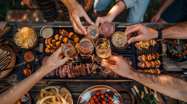 Cheerful friends clinking glasses and enjoying backyard barbecue with grilled foods