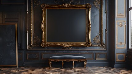 A large, ornate gold frame hanging on the wall with an empty black canvas inside it. adding contrast and elegance to your creative space.