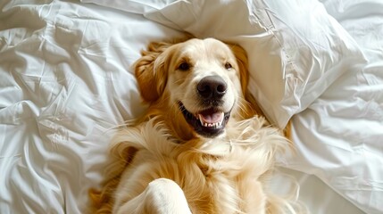 Obraz premium Smiling golden retriever relaxing on a cozy white bed. Happy dog enjoying its rest time. Perfect for pet lovers and dog-friendly content. AI