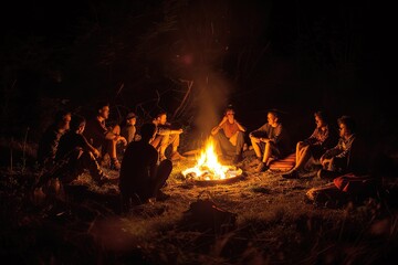 a group of people sitting around a campfire, A group of people gathered around a campfire, sharing stories and laughter before drifting off to sleep
