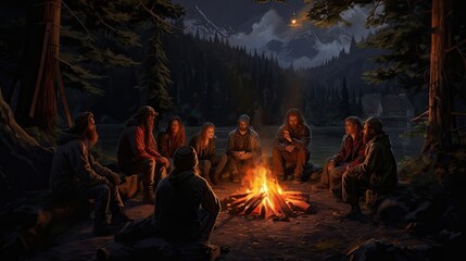 a group of people sitting around a campfire, A group of people gathered around a campfire, sharing stories and laughter before drifting off to sleep