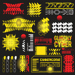Naklejka premium cyberpunk scifi gaming futuristic icon pattern HUD ux ui set collection template, 2d illustration rendering vector element
