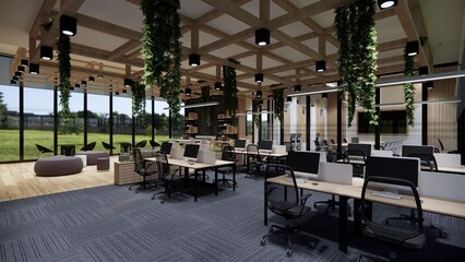 Interior Empty Modern Loft Office open space modern office.Modern open concept Lobby and reception area meeting room design.3d Rendering .