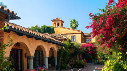 Fototapeta premium Charming Spanish-style Villa Exterior with Arched Entrances and Vibrant Bougainvillea in a Lush Garden Setting