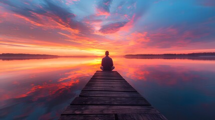 A man sitting on the end of an old wooden dock, facing away from camera with his back to sunset reflecting in lake behind him.