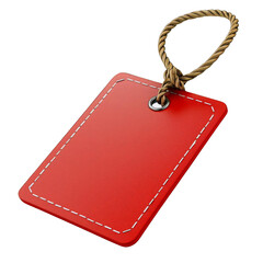 Close-up of a red leather tag with a rope string, isolated on a white background. Perfect for product presentation and branding.