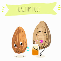 Cute almonds nut characters, funny nuts, with different activities, outdoor, sports,musical instrument. Organic food, healthy food, illustrations for kids menu.