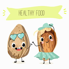 Cute almonds nut characters, funny nuts, with different activities, outdoor, sports,musical instrument. Organic food, healthy food, illustrations for kids menu.