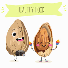 Cute almonds nut characters, funny nuts, with different activities, outdoor, sports,musical instrument. Organic food, healthy food, illustrations for kids menu.