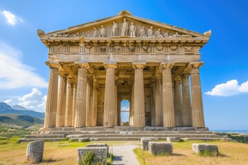 Obraz premium a very large building with statues on the steps, A massive Greek temple adorned with ornate statues and marble columns