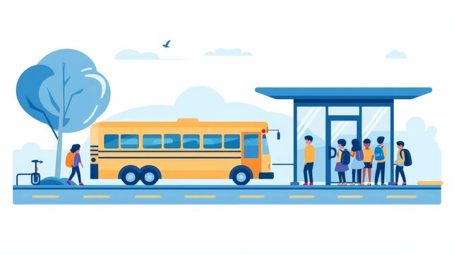 An illustration in 2D flat style showing a school bus arriving at a bus stop with children eagerly waiting. The minimalist background highlights the bright yellow bus and the cheerful expressions of